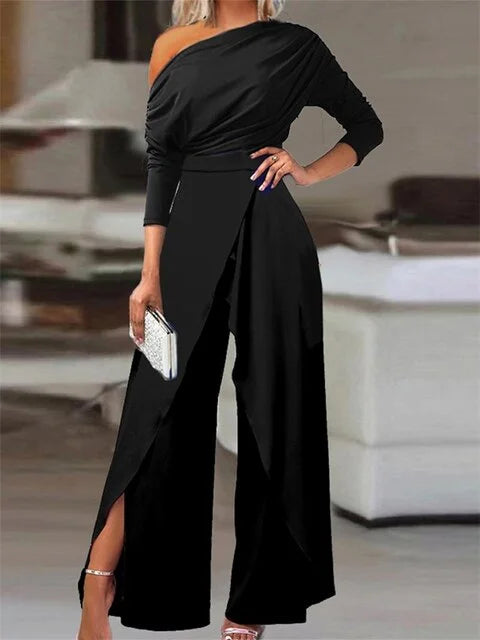 Tuta intera off-shoulder con gambe ampie e davanti a portafoglio