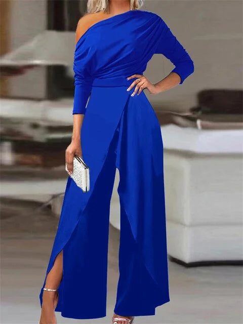 Tuta intera off-shoulder con gambe ampie e davanti a portafoglio