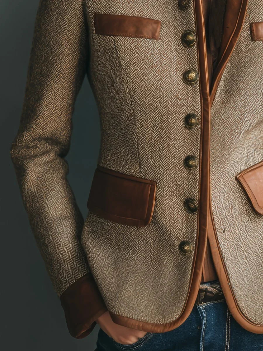 Giacca in tweed spigato con dettagli effetto pelle – marrone