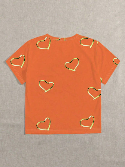 T-shirt arancione da donna con stampa a cuore