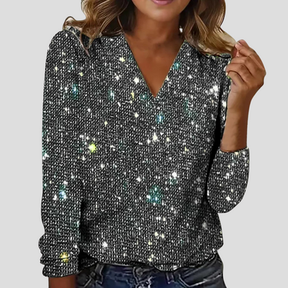 Elegante camicetta glitter con scollo a V e maniche lunghe