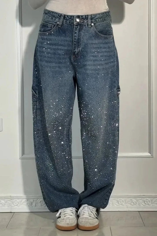 Jeans Wide Leg con Strass da Donna