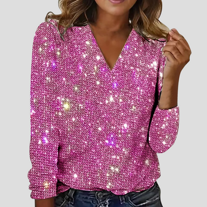 Elegante camicetta glitter con scollo a V e maniche lunghe