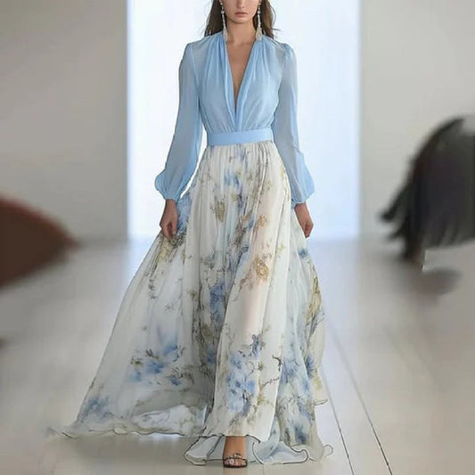 Abito Lungo a Fiori con Scollo a V