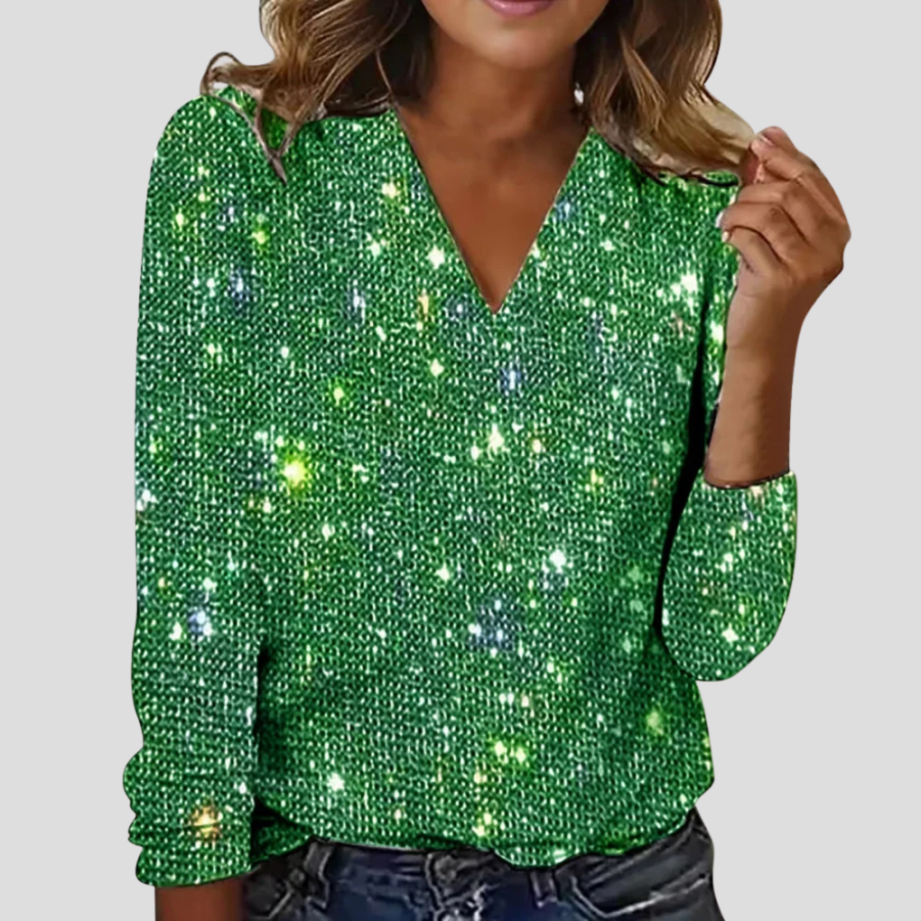 Elegante camicetta glitter con scollo a V e maniche lunghe