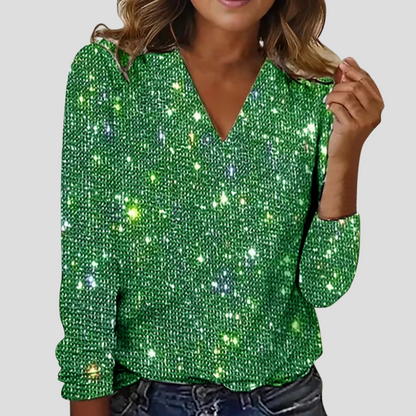 Elegante camicetta glitter con scollo a V e maniche lunghe