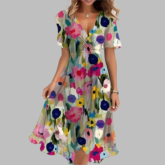 Abito midi plissettato di stile con stampa a fiori da donna