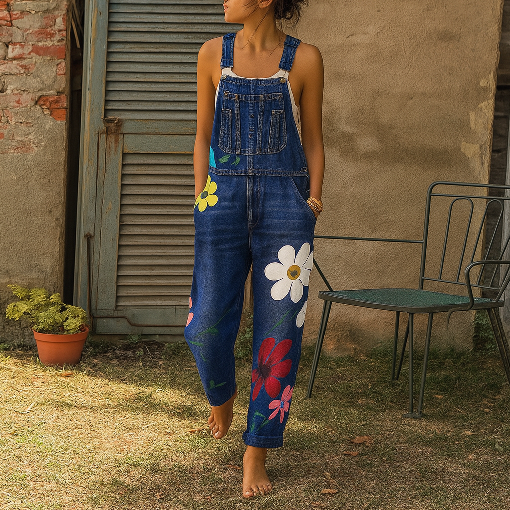Tuta intera in denim di stile con fantasia a fiori