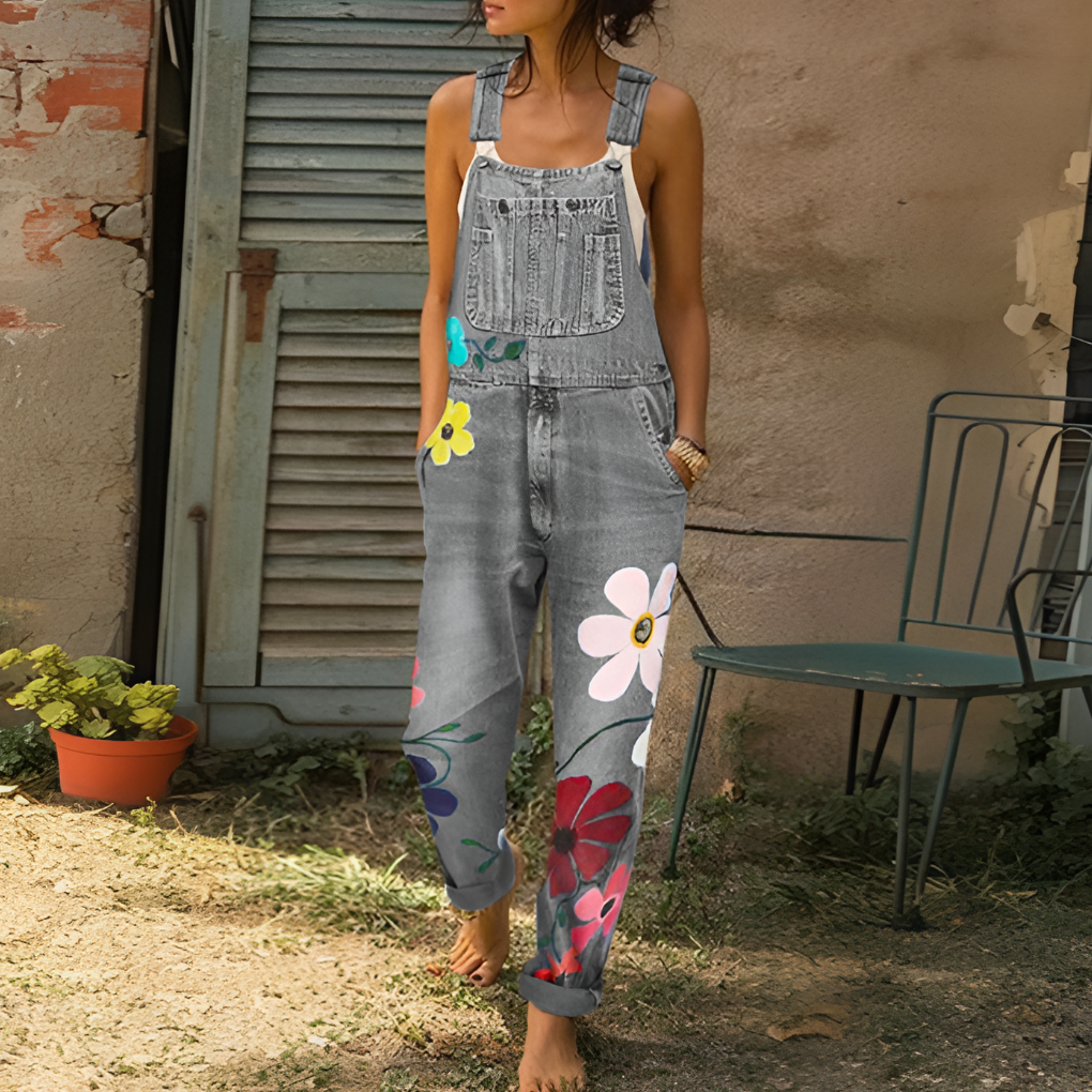 Tuta intera in denim di stile con fantasia a fiori