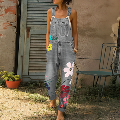 Tuta intera in denim di stile con fantasia a fiori
