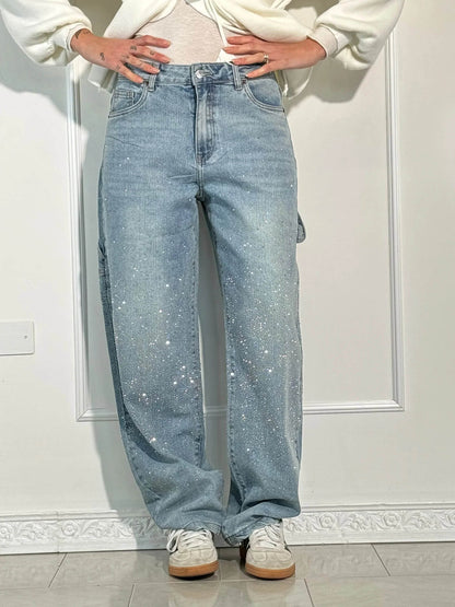 Jeans Wide Leg con Strass da Donna