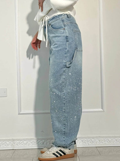 Jeans Wide Leg con Strass da Donna