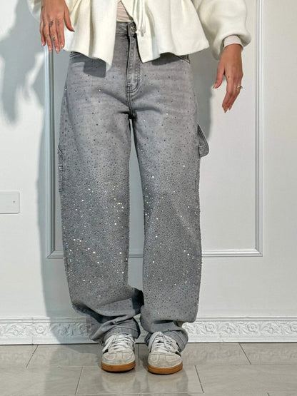 Jeans Wide Leg con Strass da Donna