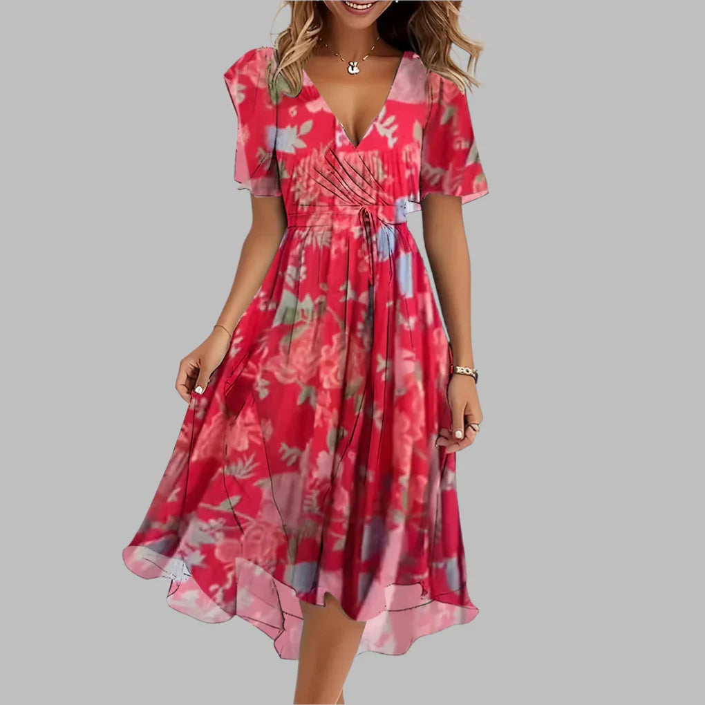 Abito midi plissettato di stile con stampa a fiori da donna