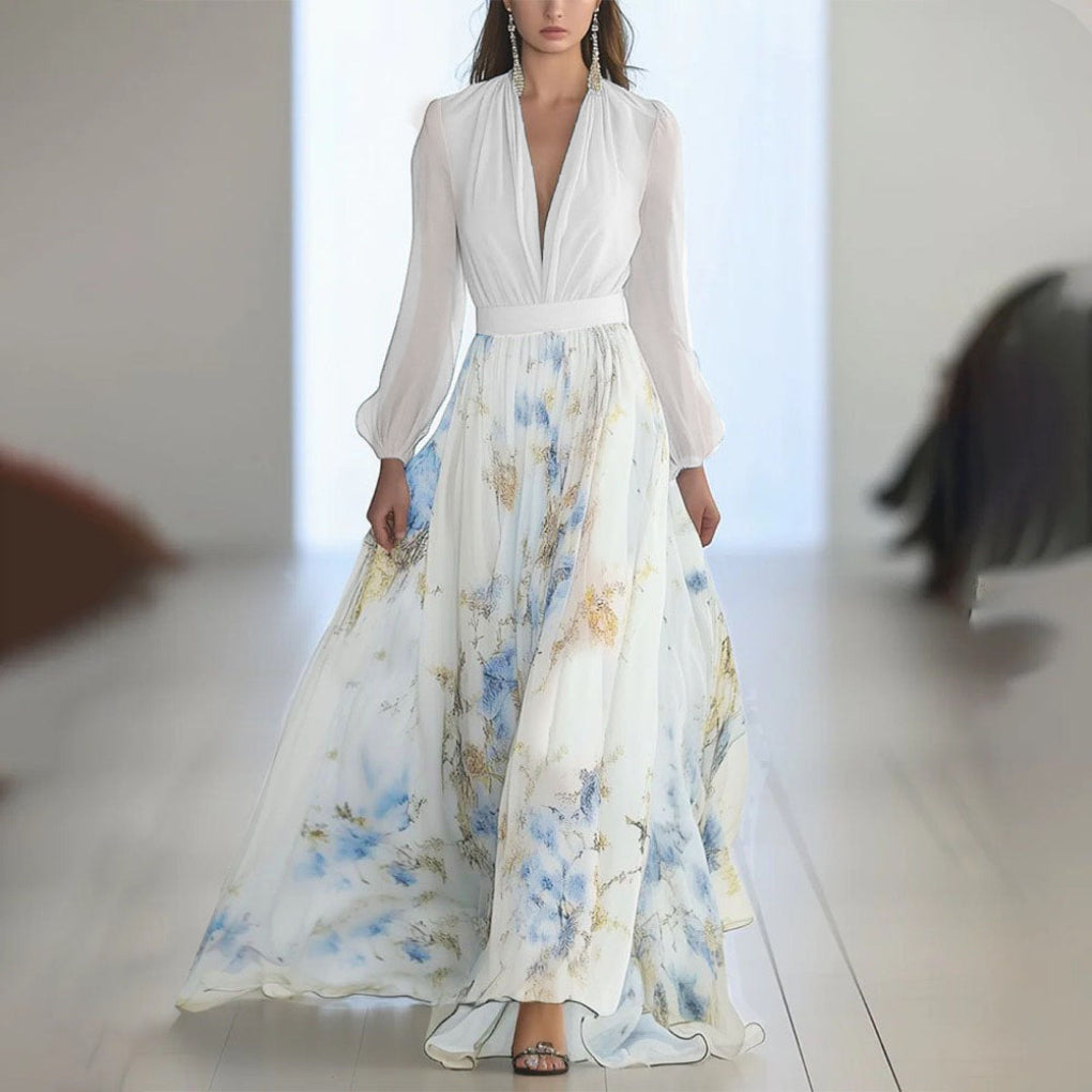 Abito Lungo a Fiori con Scollo a V