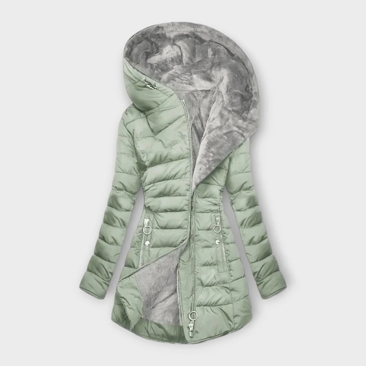 Piumino trapuntato con zip e cappuccio in eco-pelliccia