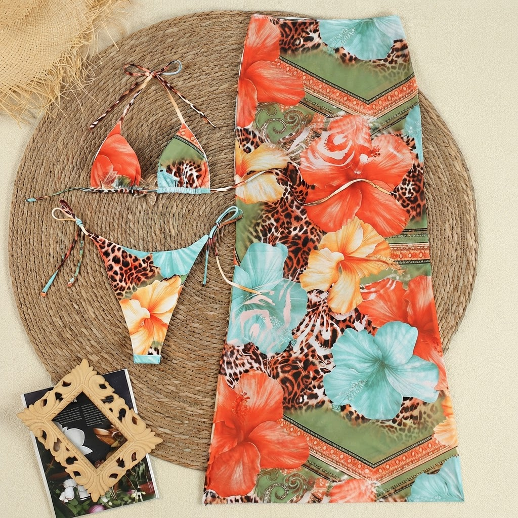Set Bikini Tre Pezzi con Stampa Tropicale