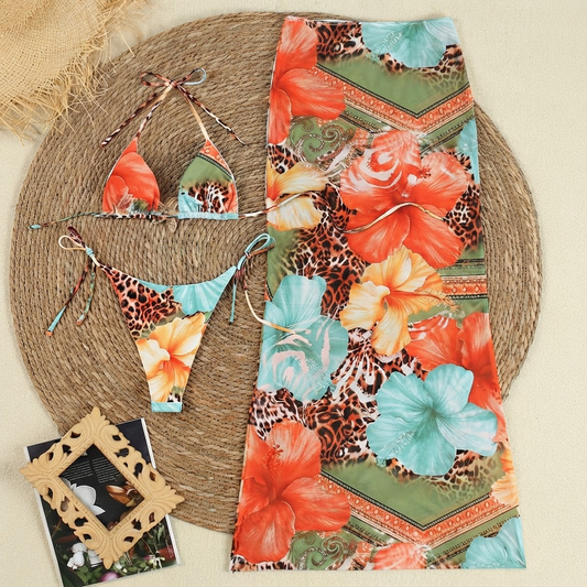 Set Bikini Tre Pezzi con Stampa Tropicale