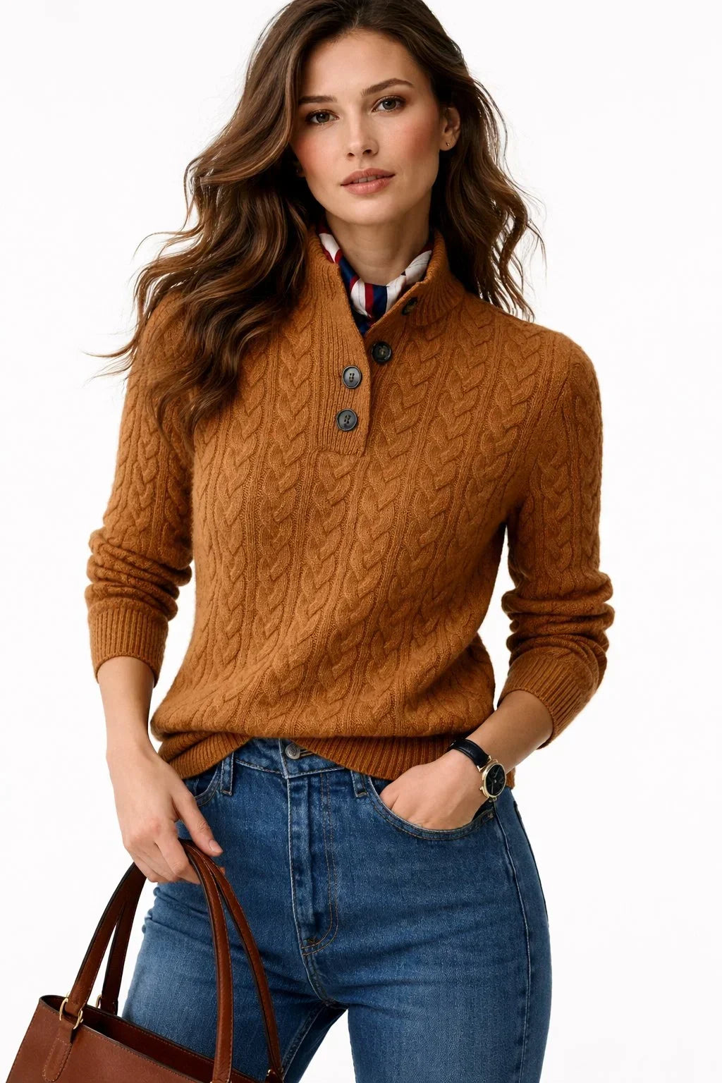 Maglione a trecce in misto lana con collo abbottonato