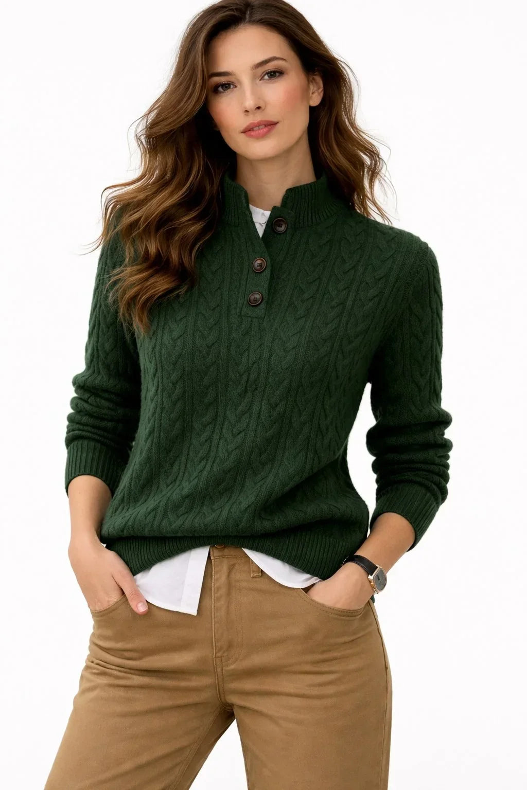 Maglione a trecce in misto lana con collo abbottonato