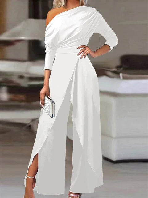 Tuta intera off-shoulder con gambe ampie e davanti a portafoglio