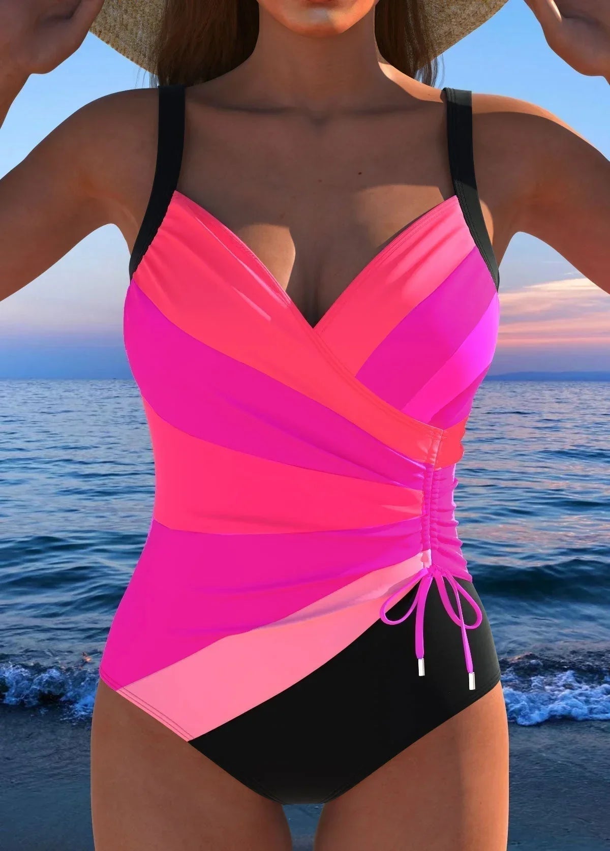Costume intero con scollo a V incrociato, contenitivo sul ventre e lato drappeggiato