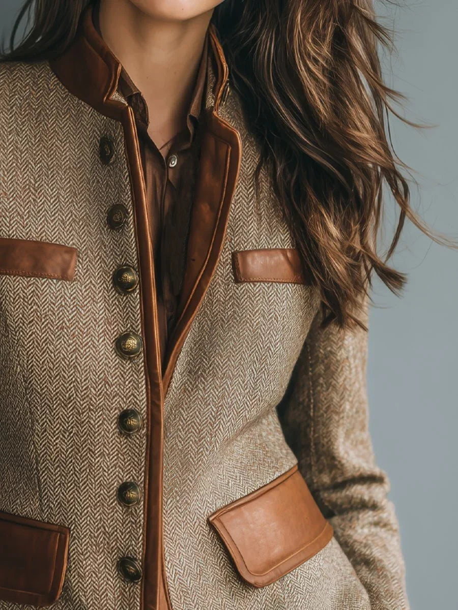 Giacca in tweed spigato con dettagli effetto pelle – marrone