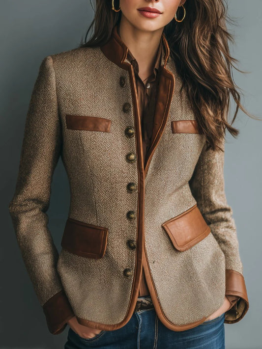 Giacca in tweed spigato con dettagli effetto pelle – marrone