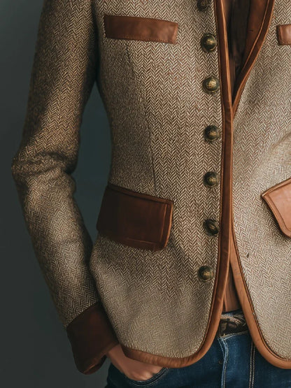 Giacca in tweed spigato con dettagli effetto pelle – marrone