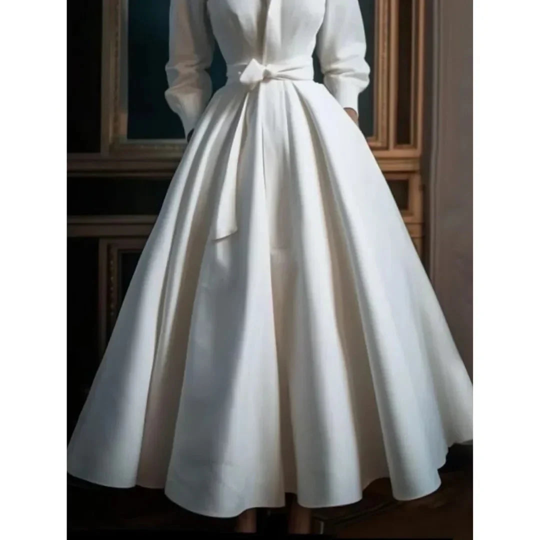 Abito midi bianco con colletto, scollo a V, linea ad A e cintura