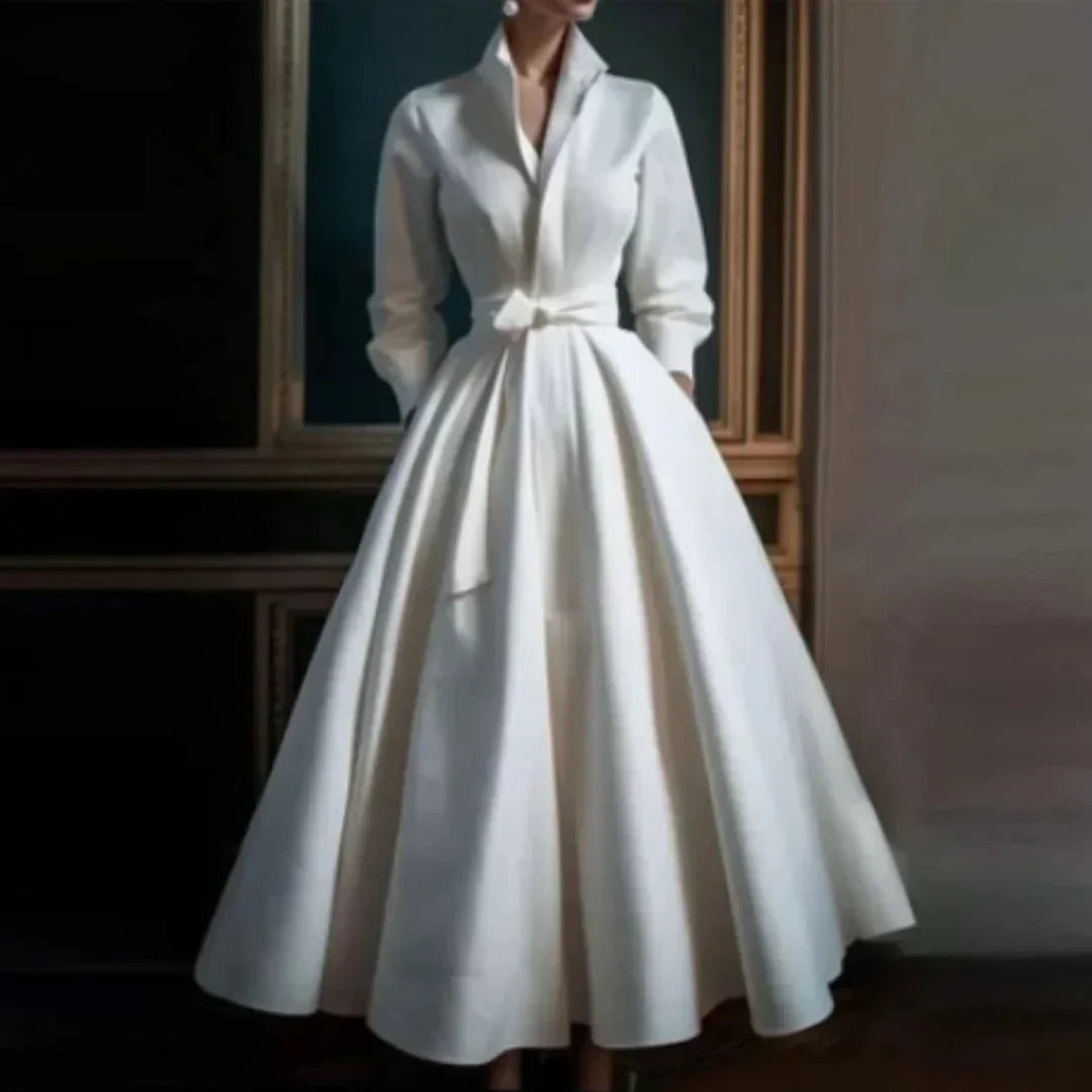 Abito midi bianco con colletto, scollo a V, linea ad A e cintura